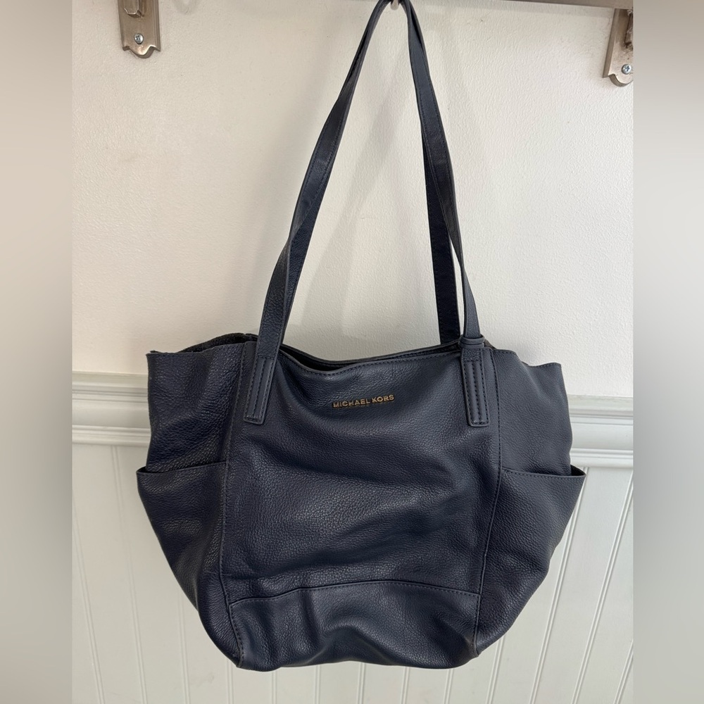 MICHAEL KORS Navy Blue Pebbled Leather Ashbury Double Strap Shoulder Tote Bag